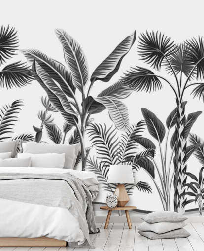 papel pintado de hoja de palma en blanco y negro ilustrado
