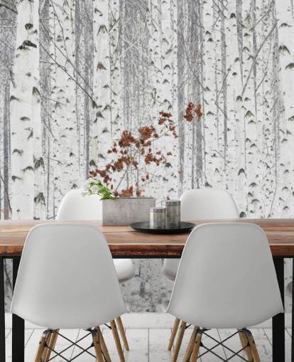 bois de bouleaux noir et blanc avec des touches de feuilles d'automne papier peint