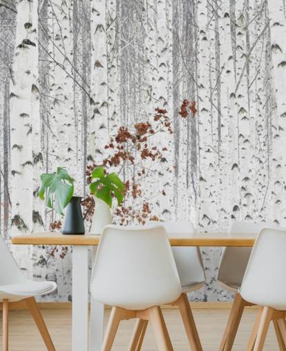 bois de bouleaux noir et blanc avec des touches de feuilles d'automne papier peint bois de bouleaux noir et blanc avec des touches de feuilles d'automne papier peint