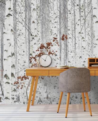 legno di betulla in bianco e nero con tocchi di foglie autunnali carta da parati