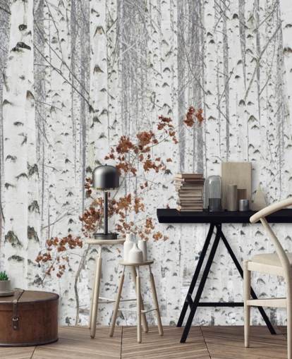 black and white birch tree woodland with touches of autumn leaves wallpaper