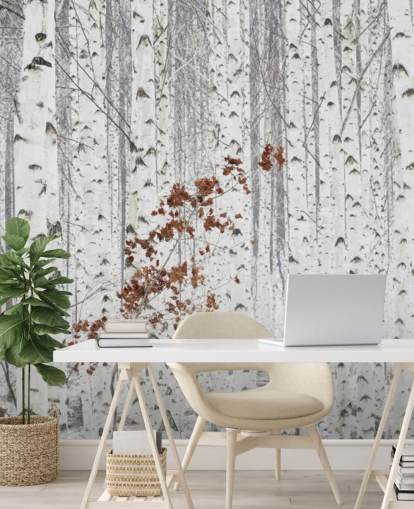 floresta de bétula preto e branco com toques de folhas de outono papel de parede