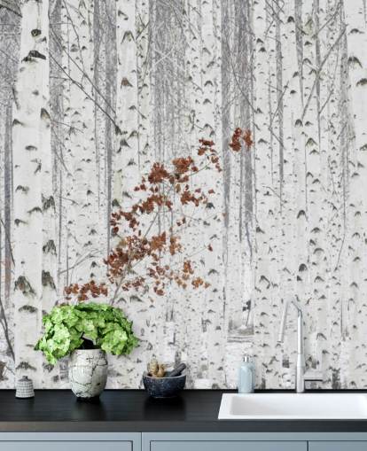 legno di betulla in bianco e nero con tocchi di foglie autunnali carta da parati