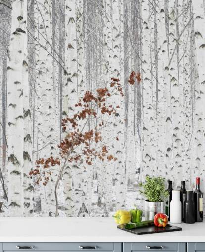 floresta de bétula preto e branco com toques de folhas de outono papel de parede