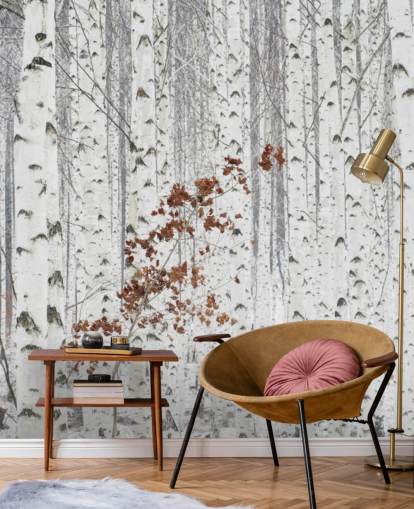 floresta de bétula preto e branco com toques de folhas de outono papel de parede