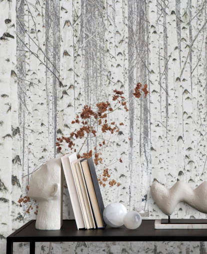 black and white birch tree woodland with touches of autumn leaves wallpaper black and white birch tree woodland with touches of autumn leaves wallpaper