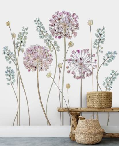 papel pintado floral con tonos lilas y azules