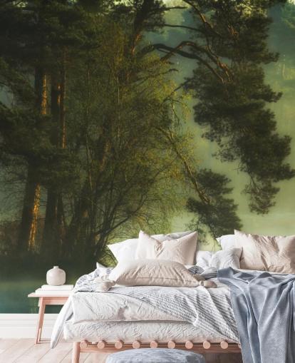 golden tones on a tree island and calm lake with two ducks wallpaper