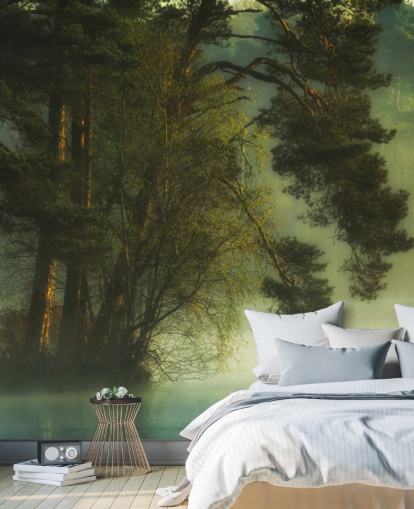 golden tones on a tree island and calm lake with two ducks wallpaper