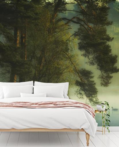 tons dorés sur une île arborée et un lac calme avec deux canards papier peint