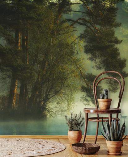 gyllene toner på en träd ö och lugn sjö med två ankor tapeter