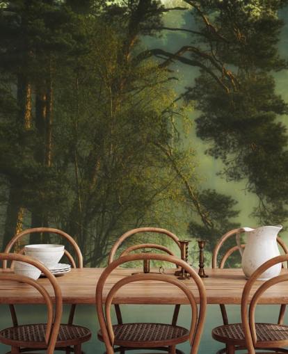 tons dourados em uma ilha de árvores e lago calmo com dois patos papel de parede