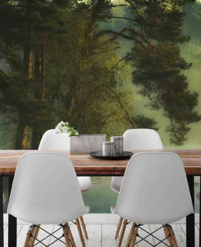 gyllene toner på en träd ö och lugn sjö med två ankor tapeter