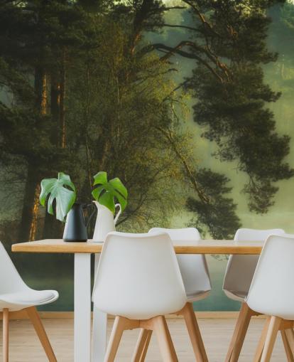 tons dorés sur une île arborée et un lac calme avec deux canards papier peint