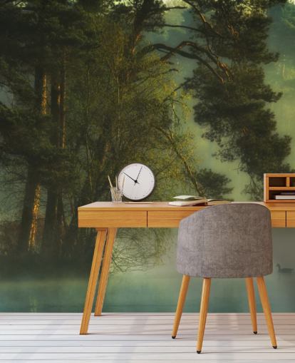 golden tones on a tree island and calm lake with two ducks wallpaper