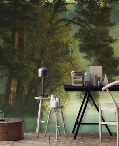 golden tones on a tree island and calm lake with two ducks wallpaper