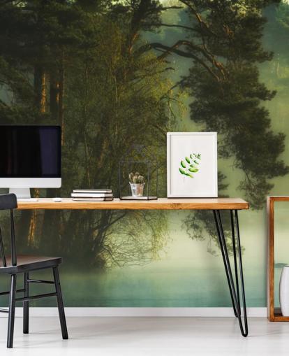 tonos dorados en una isla arbórea y un lago tranquilo con dos patos fondo de pantalla