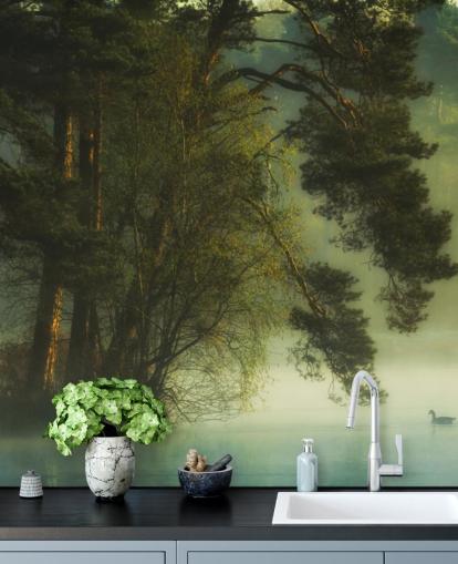 tons dorés sur une île arborée et un lac calme avec deux canards papier peint tons dorés sur une île arborée et un lac calme avec deux canards papier peint