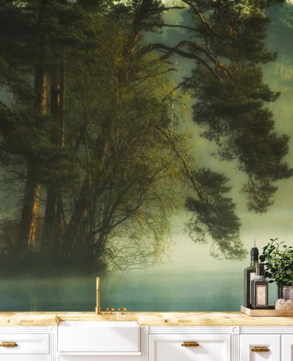 toni dorati su un'isola alberata e un lago calmo con due anatre carta da parati