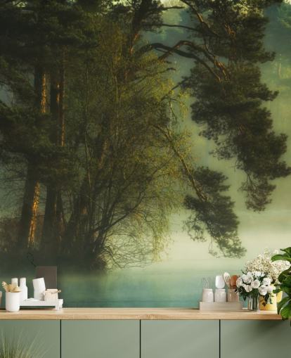 golden tones on a tree island and calm lake with two ducks wallpaper