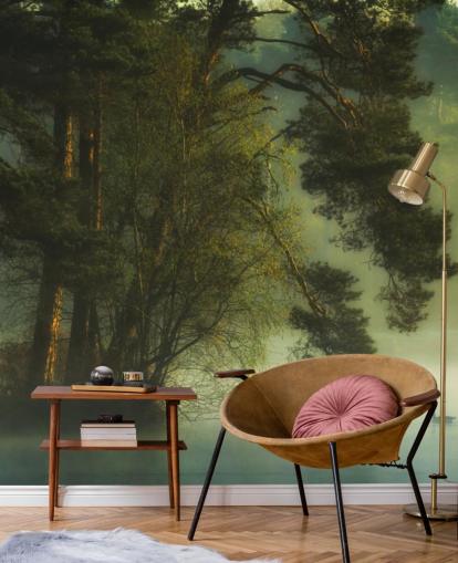 golden tones on a tree island and calm lake with two ducks wallpaper