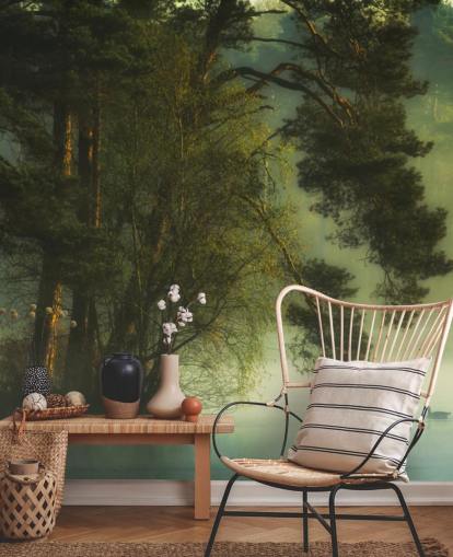 gyllene toner på en träd ö och lugn sjö med två ankor tapeter