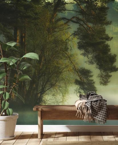 toni dorati su un'isola alberata e un lago calmo con due anatre carta da parati