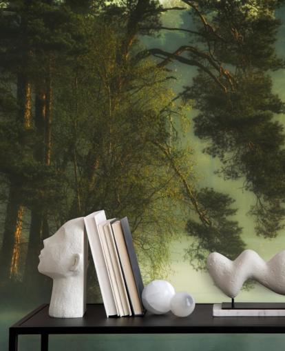 golden tones on a tree island and calm lake with two ducks wallpaper