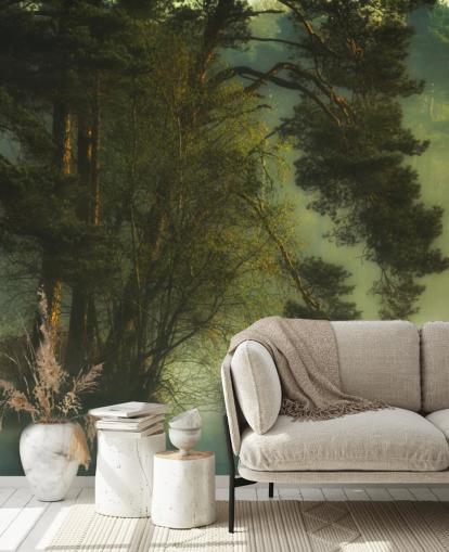 golden tones on a tree island and calm lake with two ducks wallpaper