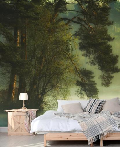 golden tones on a tree island and calm lake with two ducks wallpaper