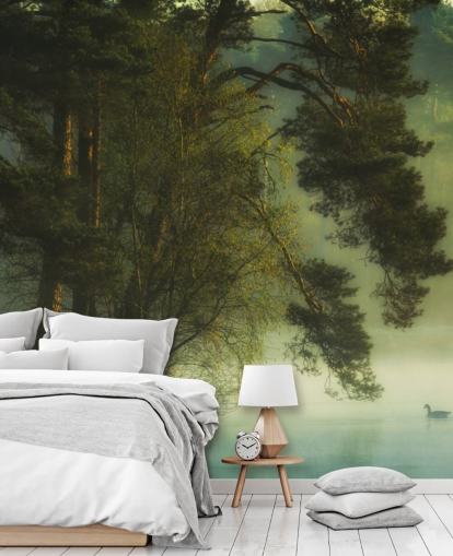 golden tones on a tree island and calm lake with two ducks wallpaper