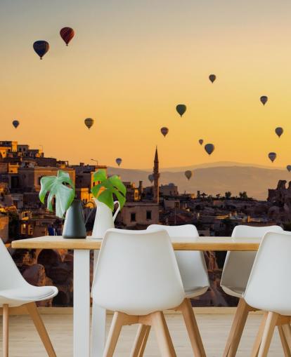 Fotobehang Zonsopgang boven Cappadocië met heteluchtballonnen