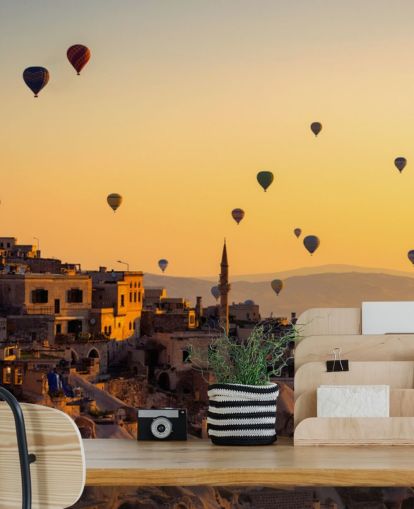 Wandbild Sonnenaufgang über Kappadokien mit Heißluftballons
