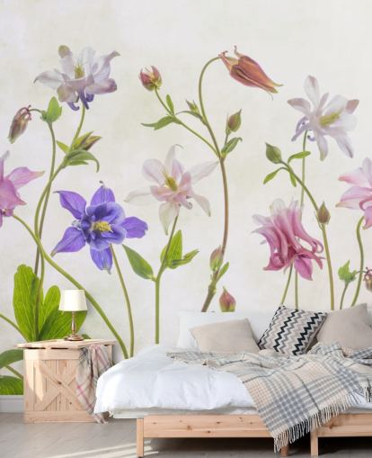 papier peint fleurs de prairie rose et bleu