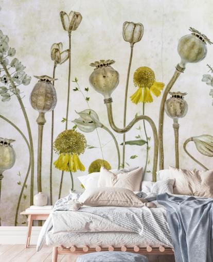 papier peint héléniums jaunes et vieux coquelicots