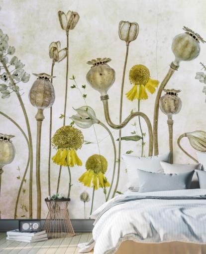 papier peint héléniums jaunes et vieux coquelicots