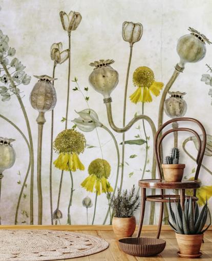 papel pintado de helenios amarillos y amapolas viejas