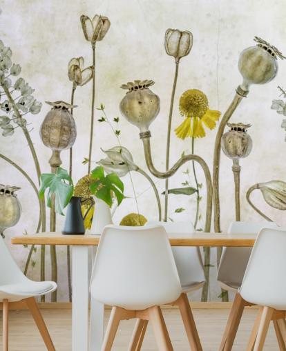 papier peint héléniums jaunes et vieux coquelicots