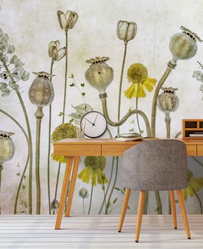 yellow heleniums and old poppies wallpaper