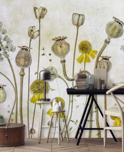 yellow heleniums and old poppies wallpaper