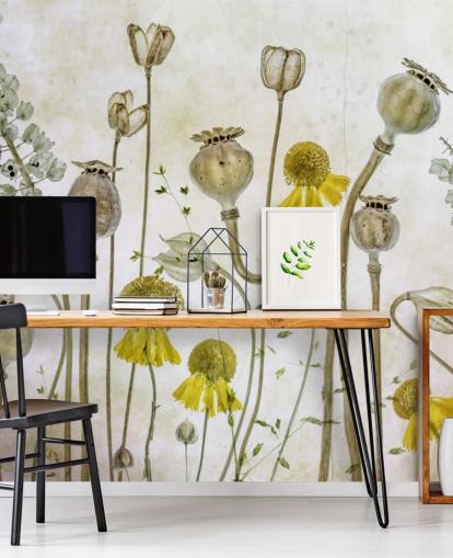 papel pintado de helenios amarillos y amapolas viejas