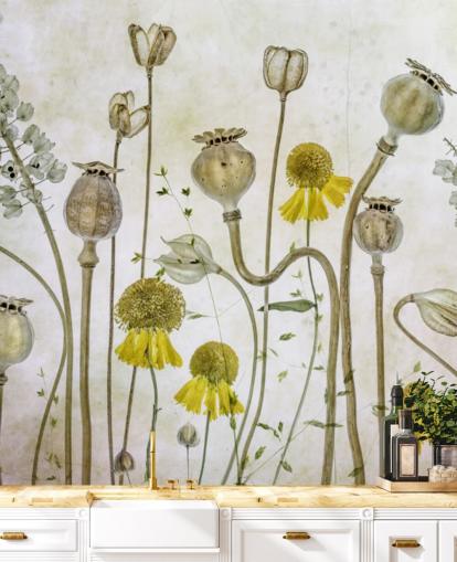 yellow heleniums and old poppies wallpaper