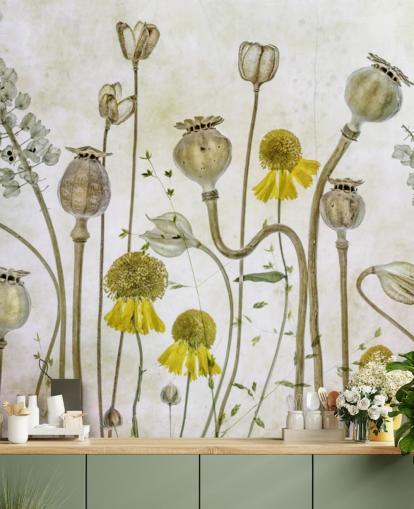 yellow heleniums and old poppies wallpaper