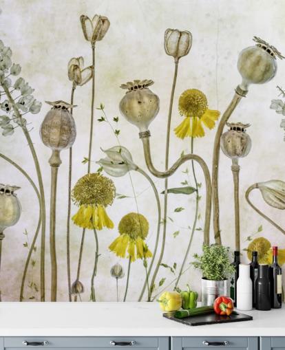 papier peint héléniums jaunes et vieux coquelicots