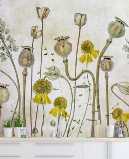 yellow heleniums and old poppies wallpaper