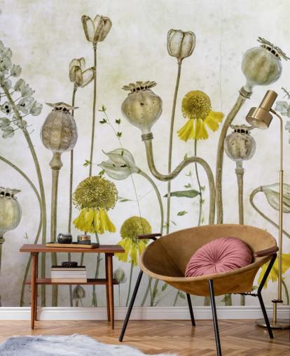 yellow heleniums and old poppies wallpaper