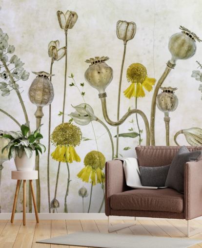papier peint héléniums jaunes et vieux coquelicots