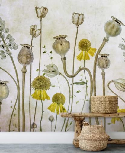 yellow heleniums and old poppies wallpaper