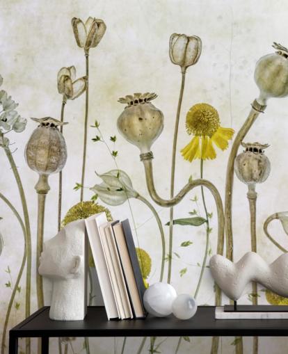 keltainen heleniums ja vanha unikot tapetti