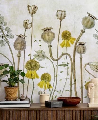 papier peint héléniums jaunes et vieux coquelicots